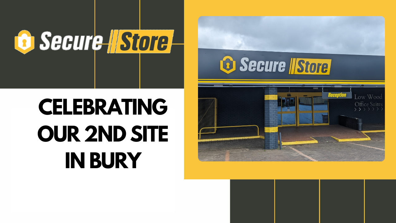 Top Left: Secure Store Logo Top Right: Image which states Less/Mess Bottom Left: Title of Blog - Celebrating our 2nd site in bury